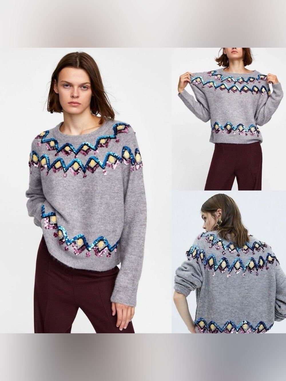 Zara Sequin Embellished Sweater Soft Knit Statement Women Size M